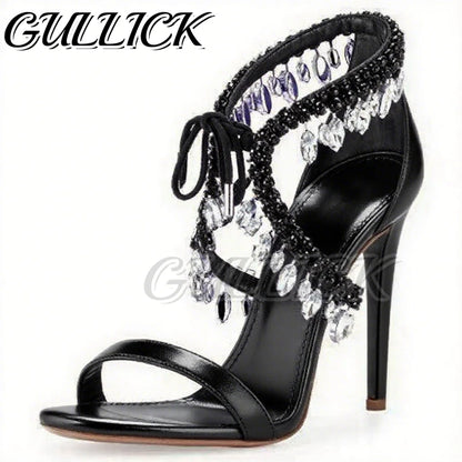 Rhinestones Heeled Sandals Crystal Heels Open Toe One Strap Women Luxury Designer Shoes Summer Elegant Sandalias De Mujer 2025