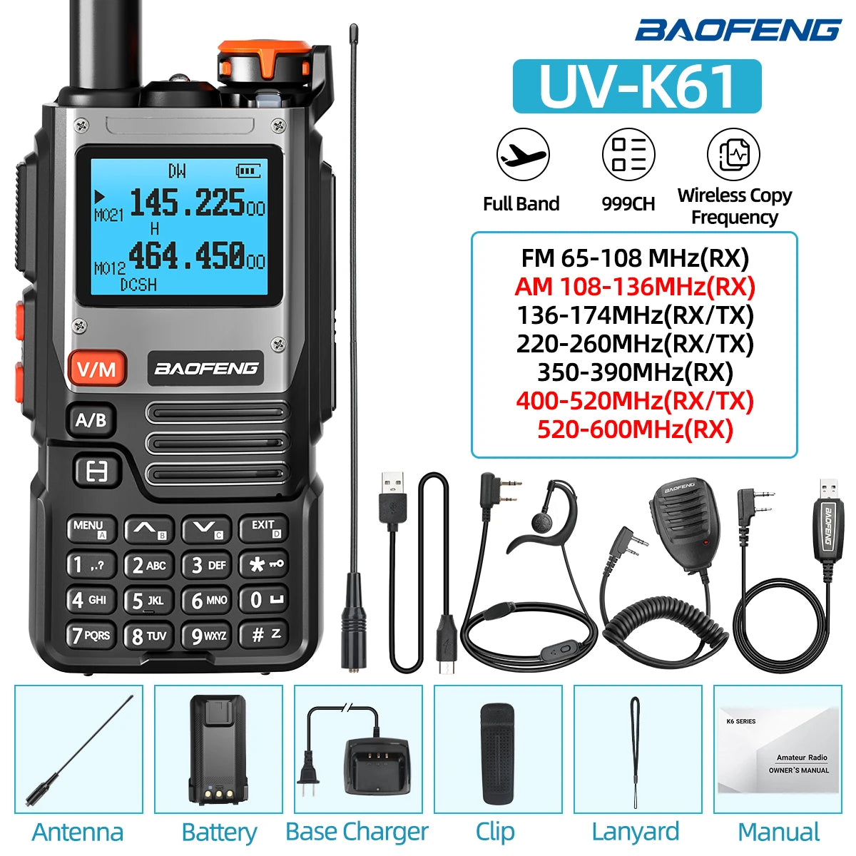1/2PCS Baofeng UV-K61 Walkie Talkie Multi Band Wireless Copy Frequency 999CH Type-C AM DTMF NOAA UV-5R UV 5RH K6 K5(8) Ham Radio