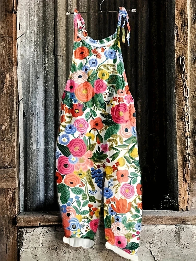 New Women's Sling Bodysuit Pants Sleeveless Floral Printed Wide Leg Pants Casual Outdoor Loose Backless Comfortable Breathable
