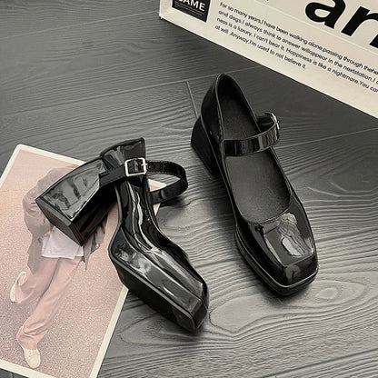 Lady's sexy ankle strap platform high-heeled shoes black leather square toe fashionable party style shoes large size for summer