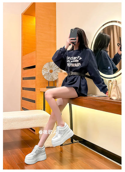 10-14cm Chunky Sneakers Women Platform Shoes Elevator Shoe White Mesh Breathable Sneakers Real Leather Increasing Shoes