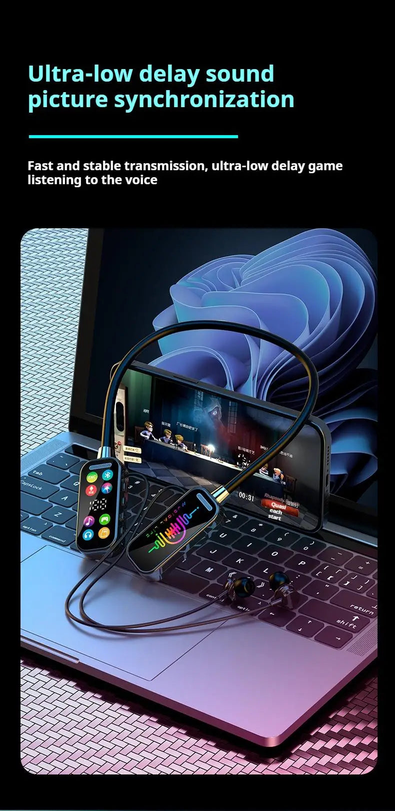 Long Battery Life HiFi Sound Bluetooth 5.4 Earphones with HD Mic Earbuds Wireless Headphones Sports Gaming Neck-hanging Headsets