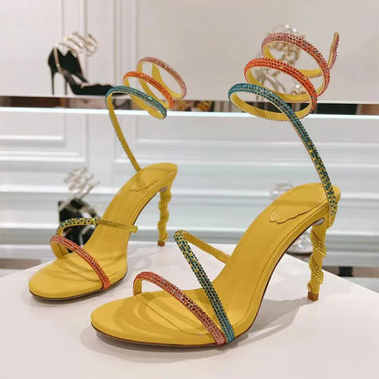 Luxury High Heels Sandals Woman Rhinestone Snake Twine Around Ankle Strap Wedding Shoes Stiletto Summer Gladiator Sandals Women