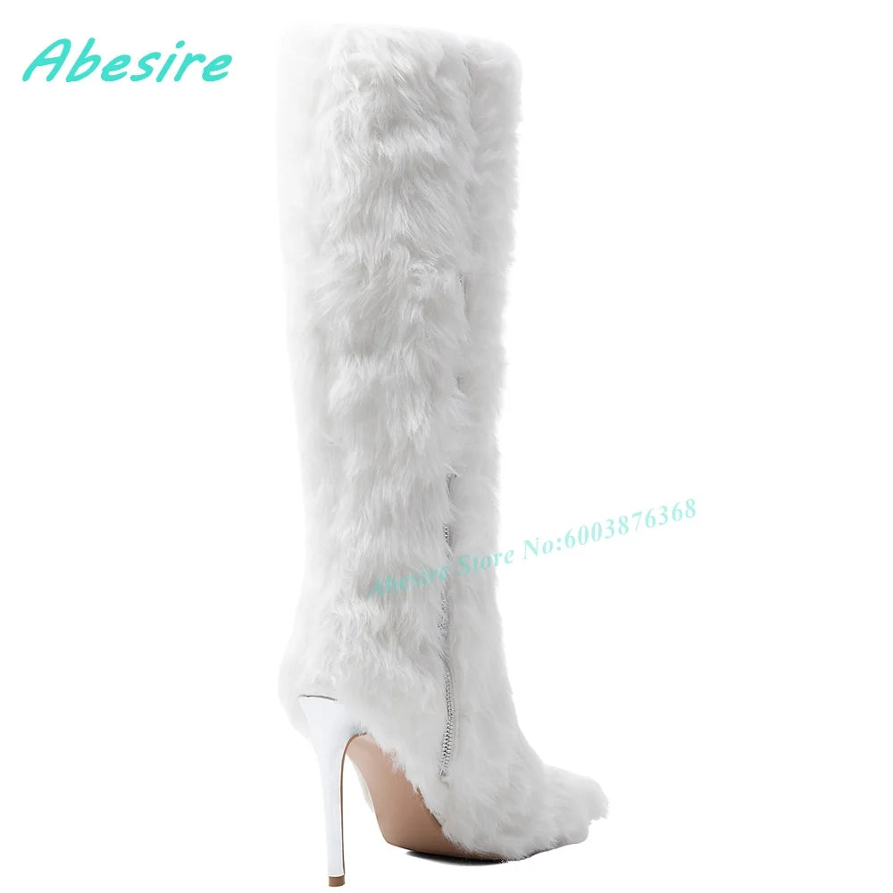 White Faux Fluffy Fur Knee High Boots Pointed Toe Stiletto Heels Side Zipper Women's Boots Spicy Girls Fashion Show Winter Shoes