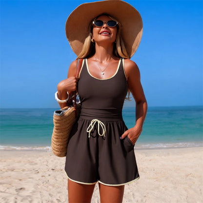 Women One Piece Swimsuit Summer Swimming Jumpsuit Vest Shorts Solid Classical Color Female Deep Neck Bathing Suits Beach 2026