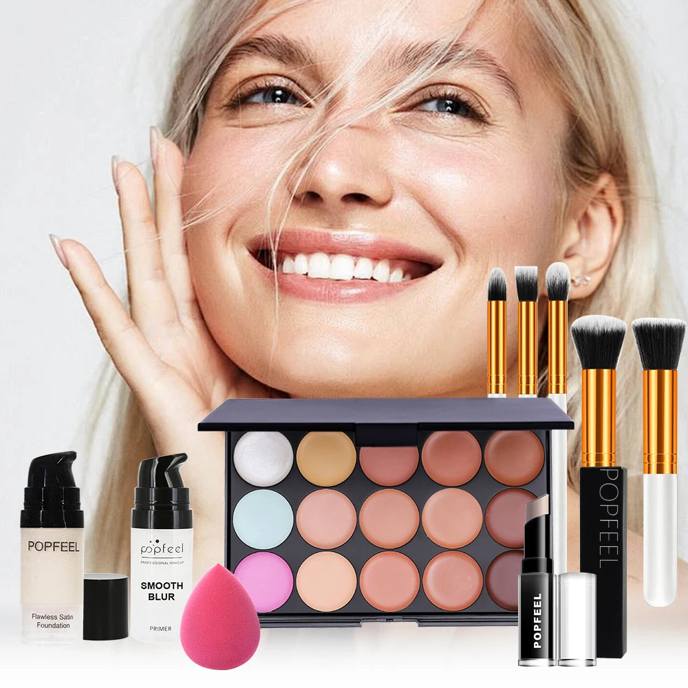 POPFEEL Face Makeup Kit, Waterproof and Sweatproof, Includes Concealer, Primer, Loose Powder, Blush, and More, Ideal for Beginne