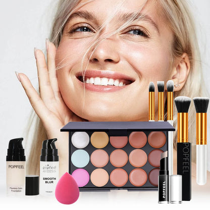 POPFEEL Face Makeup Kit, Waterproof and Sweatproof, Includes Concealer, Primer, Loose Powder, Blush, and More, Ideal for Beginne