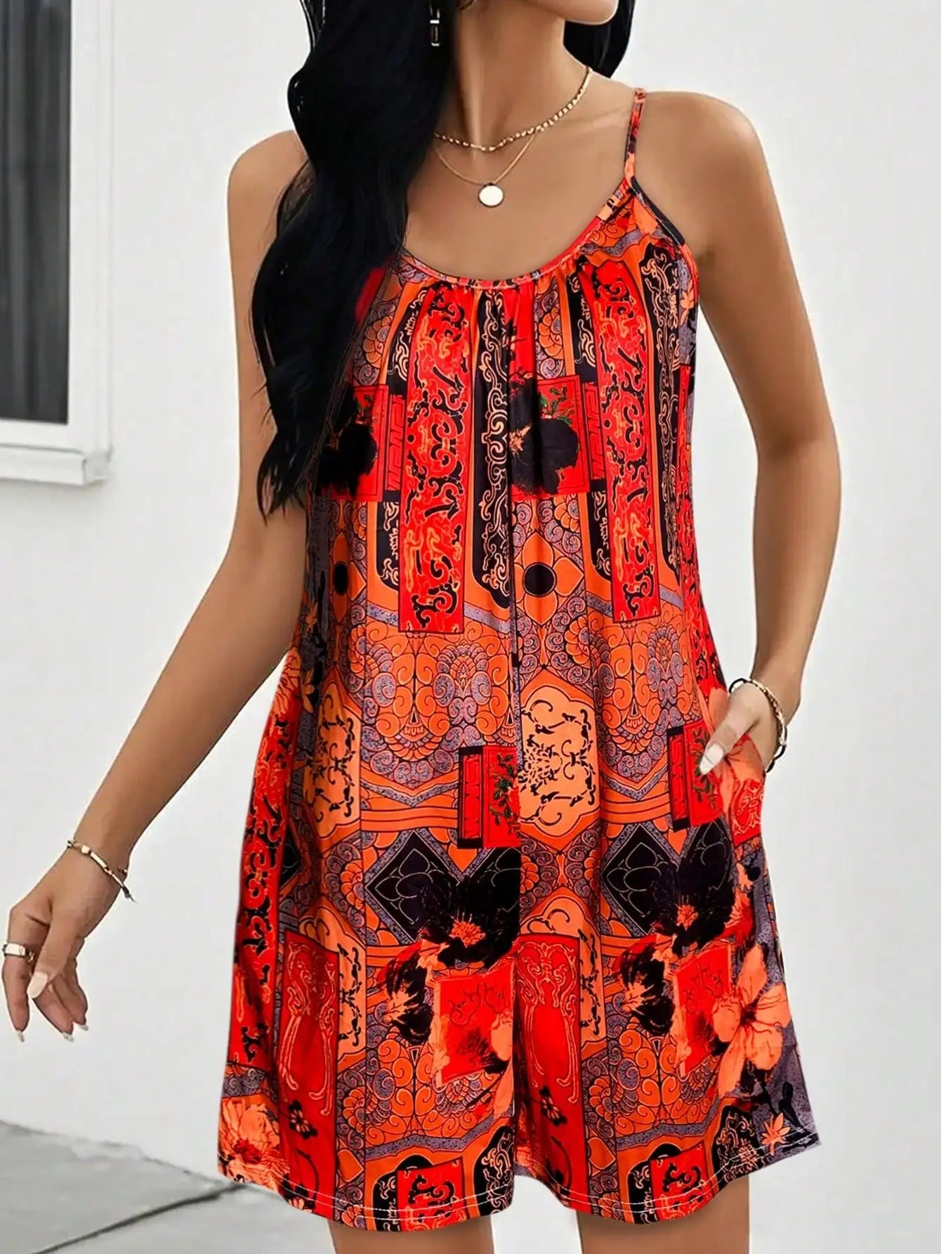 Women's All-Over Print Sleeveless Jumpsuit - Round Neck Strappy Romper, Vacation Beach Outfit, Flowy Summer Short Jumpsuit