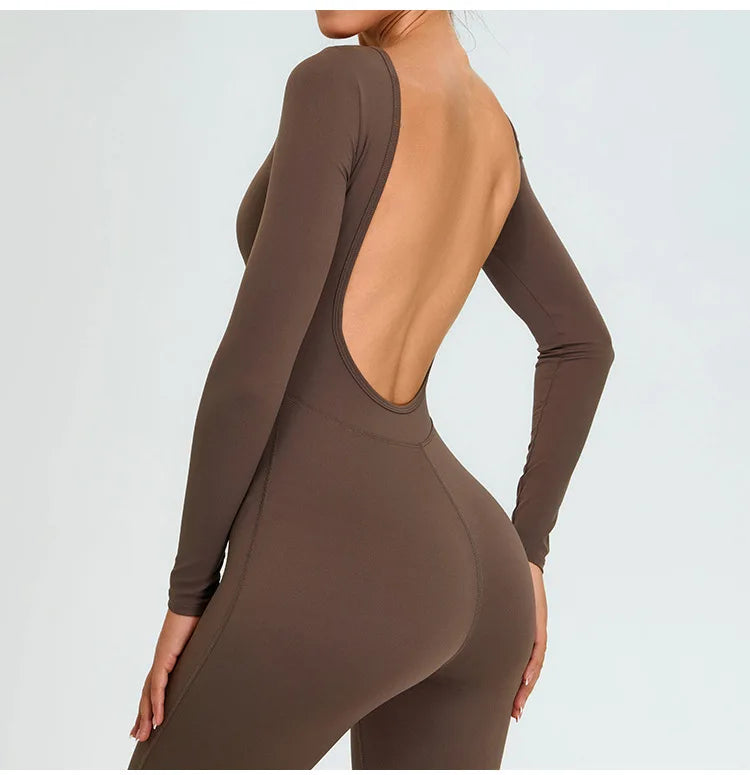New Summer Sexy V Back Gym Sports Jumpsuit Yoga Clothes Rompers Women Long Sleeveles Workout Bodysuits Backless One-piece Suit