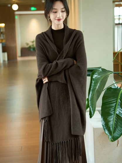 Light Luxury Autumn Winter Woman Shawl Elegant Female 100% Merino Wool Knitwear New Fashion Ladies Tassel Scarf Solid Jersey