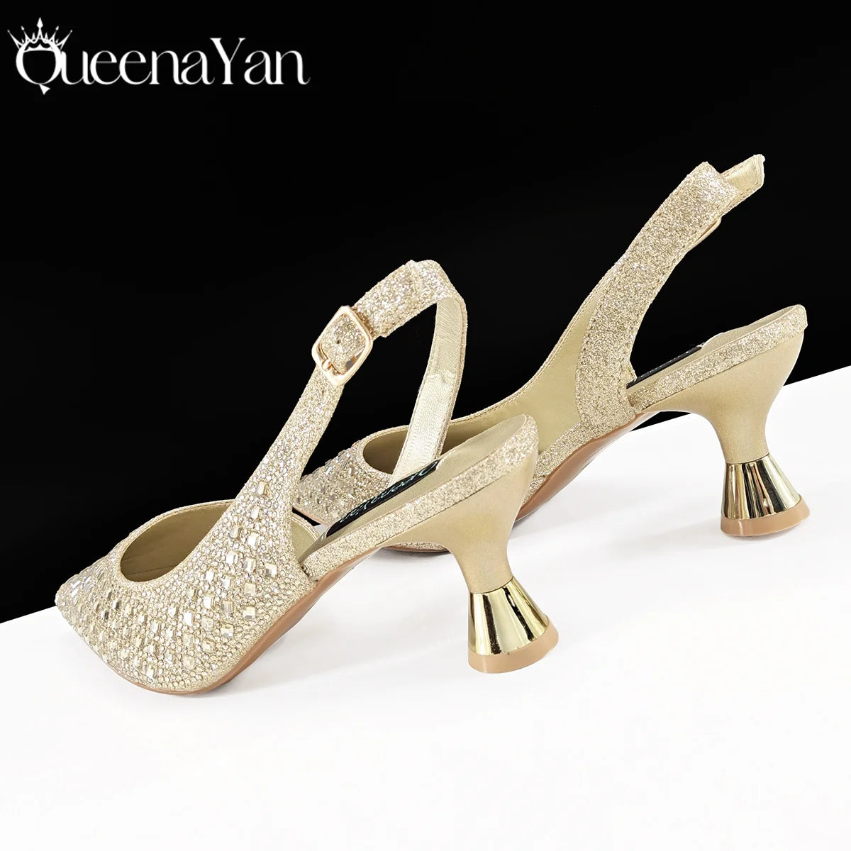 Queena Yan 2026 Italian Design Rhinestone Luxury Navy Blue Pointed Toe Shoe & Bag Set Women High Heels for Parties High Quality