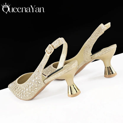 Queena Yan 2026 Italian Design Rhinestone Luxury Navy Blue Pointed Toe Shoe & Bag Set Women High Heels for Parties High Quality
