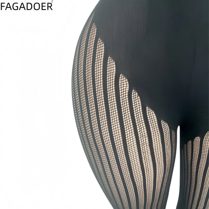 FAGADOER Sexy Mesh See Through Black Jumpsuits Hot Girl Back Hollow Out Patchwork  Bodycon Rompers Night Party Club Playsuits
