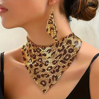3PCS Women Leopard Necklace + Earring Set Fashion Sexy Bright Beads Triangle Scarf Collarbone Chain Earrings Jewelry Set