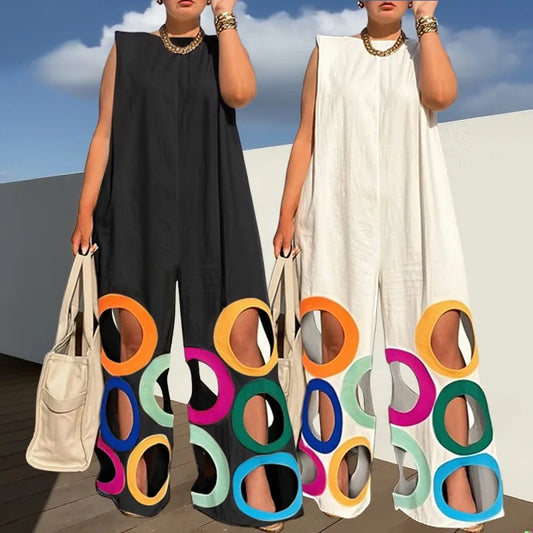 Uoozee 2026 New Women's Sleeveless Wide Leg Jumpsuit Fashion Colorful Circle Cutout BLoose Casual Vacation Black White Romper