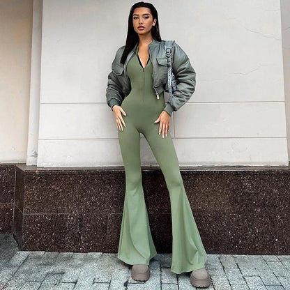 Zip Up Long Sleeve Jumpsuit Women Slim Fit Flare Long Jumpsuits Autumn Winter Full Body Jumpsuit Sports