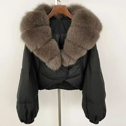 Winter Female White Duck Down Jacket Luxury Loose Short Fashion Casual Women Warm Real Fox Fur Coat Long Sleeve Puffer Jacket