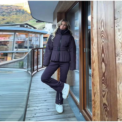 Women's Chic White Hooded Ski Jumpsuit with Waist Belt Warm Snowproof One-Piece Snow Wear Winter Sports Fashion Lady Snowsuit