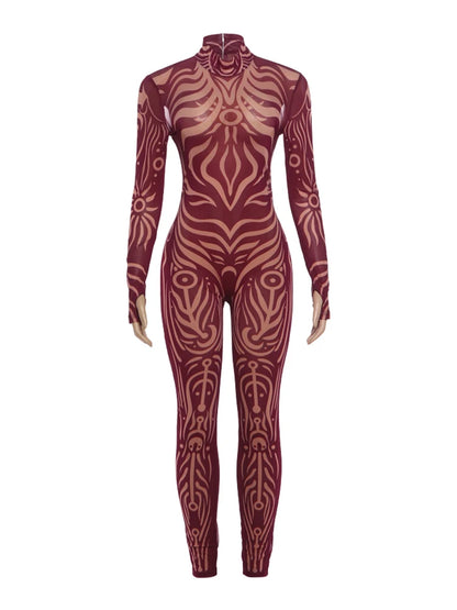 Sisterlinda Sexy Fashion Print Jumpsuits Woman Turtleneck Full Sleeve See Through Skinny Peach Hip Street Wild Style Overalls