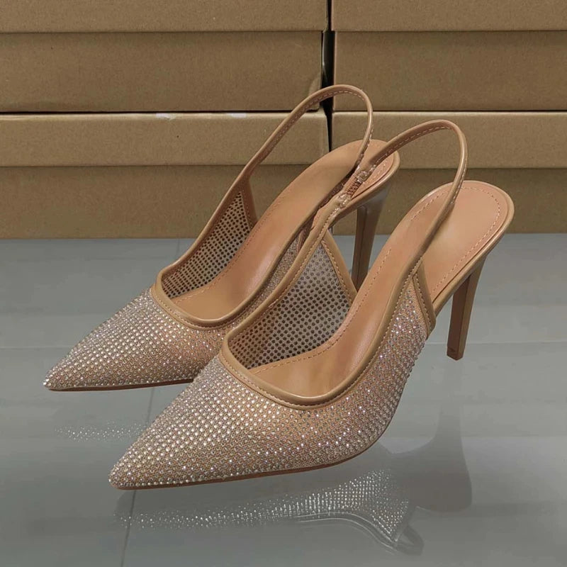 Luxury Brand Women Summer Shoes Pointed Toe Bright Rhinestone Design Mesh High Heeled Elegant Party Nightclub Shoes for Ladies