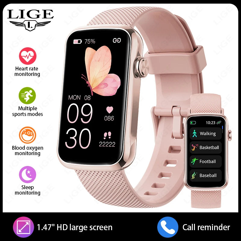 LIGE 1.47'' Smart Watch Women Men Smart Bracelet Heart Rate Step Count Sport Fitness Health Monitor Waterproof Smartwatch Ladies