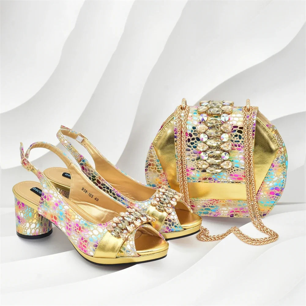 Fashion Italian Matching Nigerian Shoe and Bag with Rhinestone Wedding Shoes for Women Bride African Shoes and Bags Matching Set
