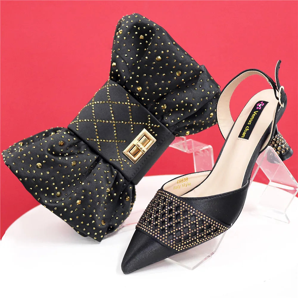Nigerian Women Heel Party Ladies Italian Design Shoes And Bags Set Decorated with Rhinestone Handbag Wedding Party