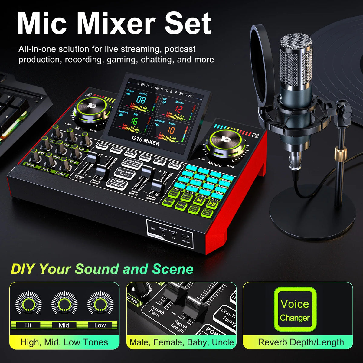 Tenlamp Podcast Equipment Bundle with Table Tripod, G10-P15B Live Sound Card Audio Mixer Kit with 3.5mm Condenser Microphone, Voice Changer Denoise for PC Smartphone Laptop, Studio Recording Streaming Gaming Singing Karaoke Y