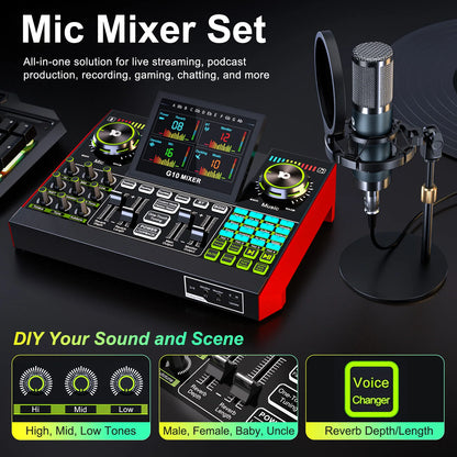Tenlamp Podcast Equipment Bundle with Table Tripod, G10-P15B Live Sound Card Audio Mixer Kit with 3.5mm Condenser Microphone, Voice Changer Denoise for PC Smartphone Laptop, Studio Recording Streaming Gaming Singing Karaoke Y