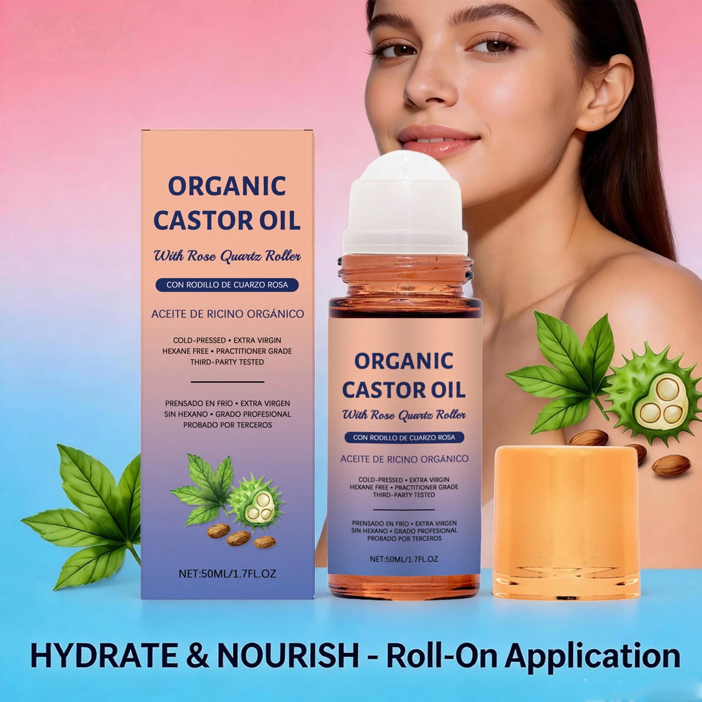 Organic Castor Oil Roller Cold Pressed Unrefined Essential Oil for Hair Eyelash Nail Growth Moisturize Skin Hair Massage Oil