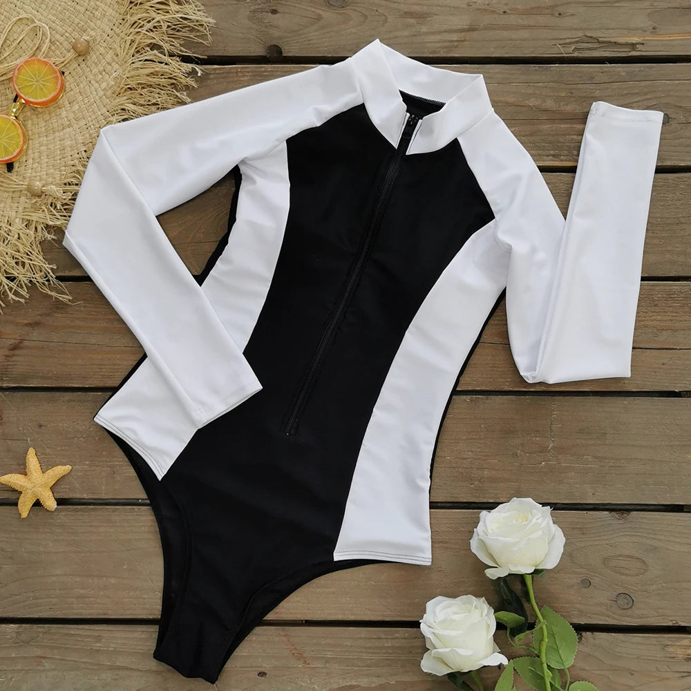 2026 Surfing Sport Swimsuit Long Sleeves Women One Piece Swimsuit  Swimwear Solid Monokini Bathing Suit Tropical Bodysuit Female
