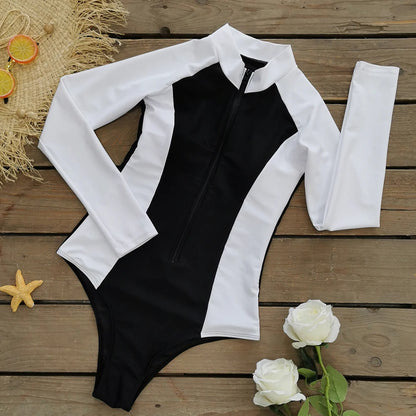 2026 Surfing Sport Swimsuit Long Sleeves Women One Piece Swimsuit  Swimwear Solid Monokini Bathing Suit Tropical Bodysuit Female