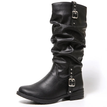 New Autumn Winter Vintage Women Knee High Boots Double Metal Buckle Thick Heels 3CM Knight Boots Casual Pull On Long Boots Shoes
