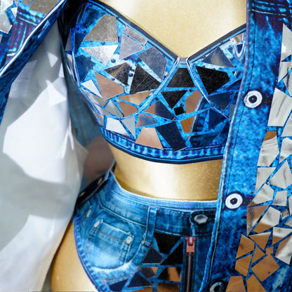 Blue Cowboy Mirror Jacket Women Shiny Stage Performance Costume Party Dance Nightclub Rave Singer DJ Hip Hop Dance Outfit