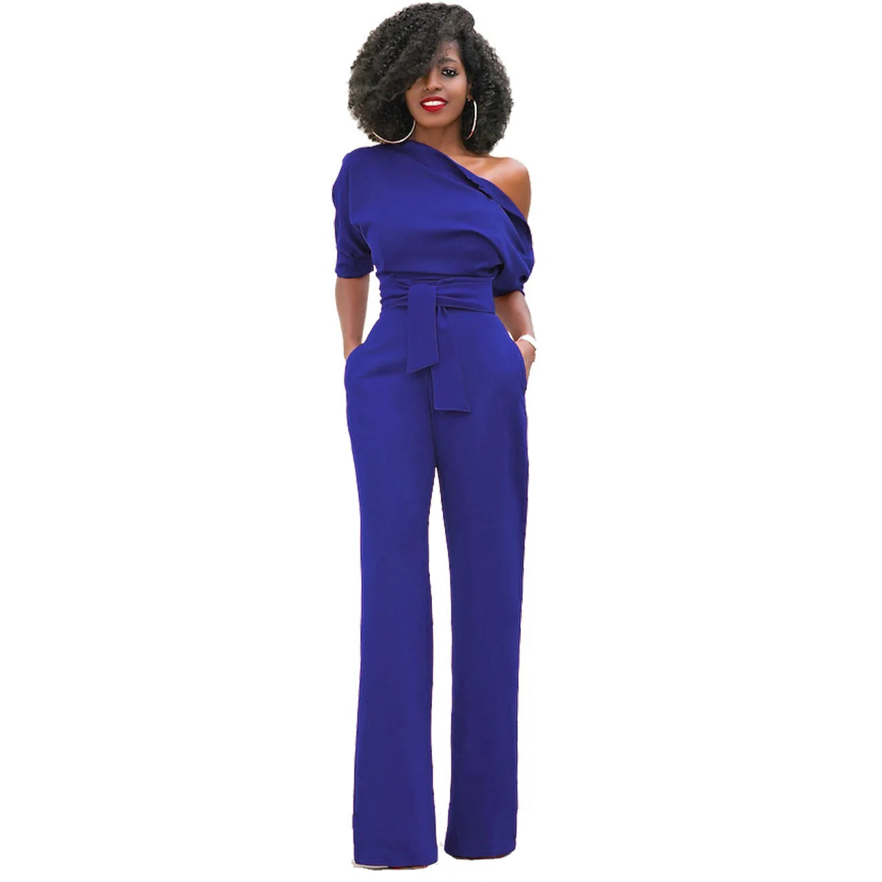 2024 Summer New Fashion Women's Jumpsuit Solid Color Slanted Shoulder Elegant Temperament Sleeveless Long Wide Leg Jumpsuit