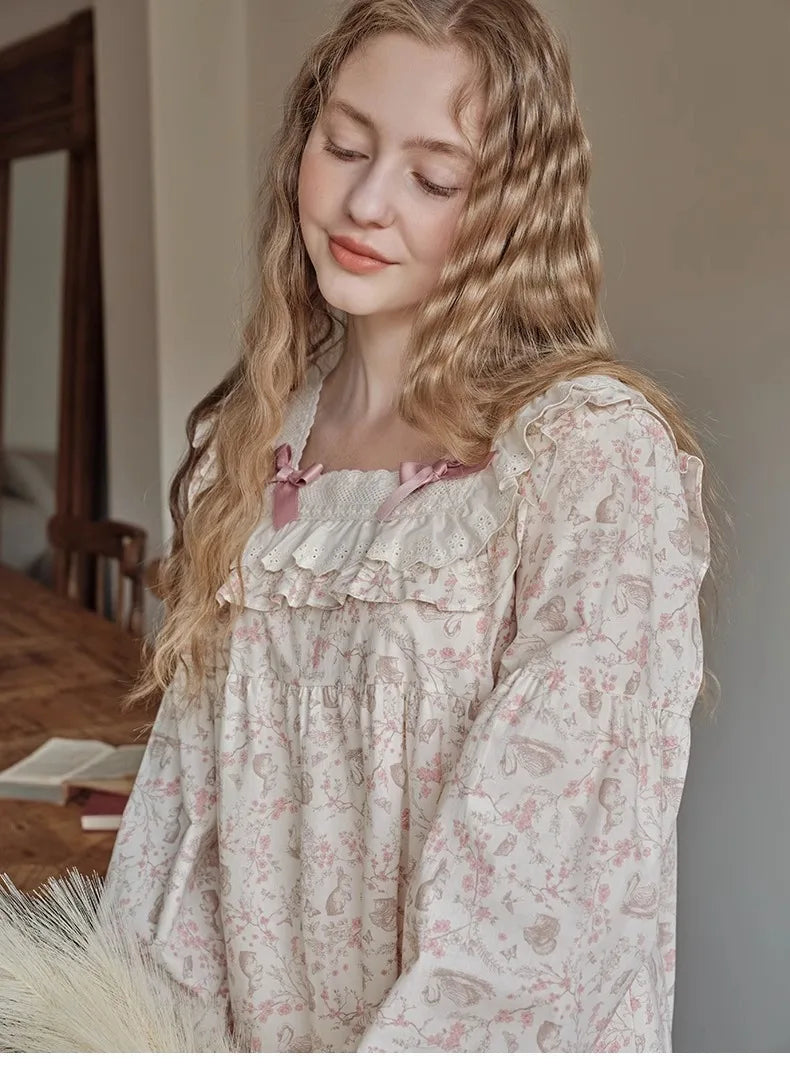 New Spring and Fall Ladies Nightgown Cute Sweet Lace Lacy Lazy Wind Girl Students Foreign-Style Pajamas Home Wear Dresses