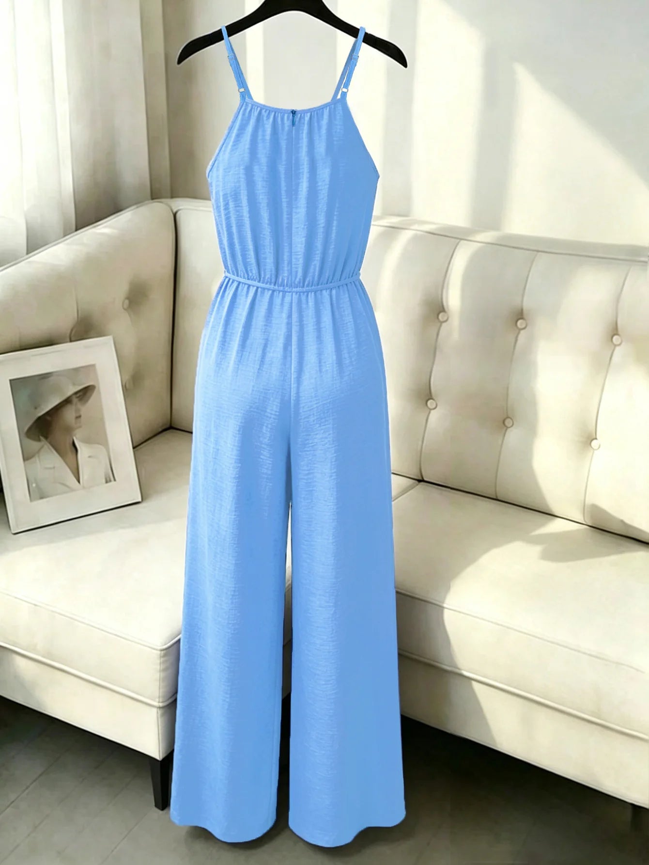 Women's Blue Denim Look Jumpsuit Spaghetti Straps Waist Tie Ideal for Casual Outings Summer Vacations Effortless Chic Styles