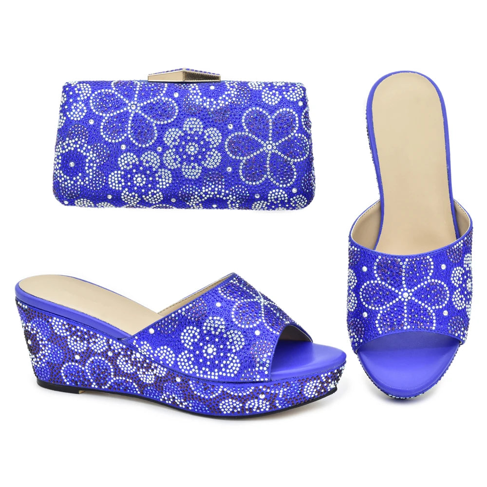 Classics Design Nigerian Women Shoes Matching Bag Set with Shinning Crystal Wedges Shoes for Women Italian Women Party Pumps