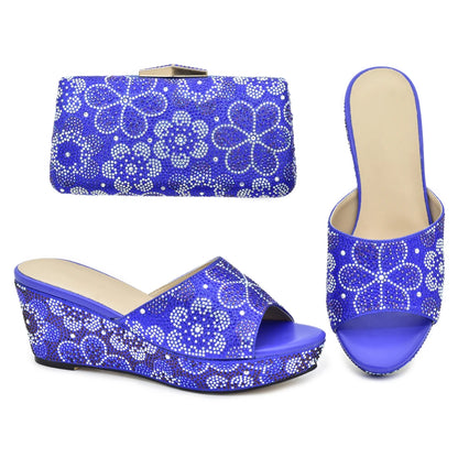 Classics Design Nigerian Women Shoes Matching Bag Set with Shinning Crystal Wedges Shoes for Women Italian Women Party Pumps