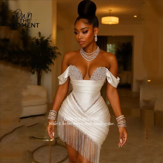 OTM Customized Mini Homecoming Crystal Ivory Cocktail Gown Pleat Straight Prom Dress Birthday Dress Satin Luxury 2026 Blackgirl