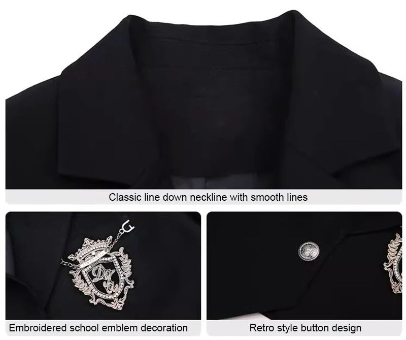 Spring 2025 Preppy Style American Uniform Set Girls Short Suit Coat Long Sleeve White Shirt Slim High Waist Pleated Skirt Navy