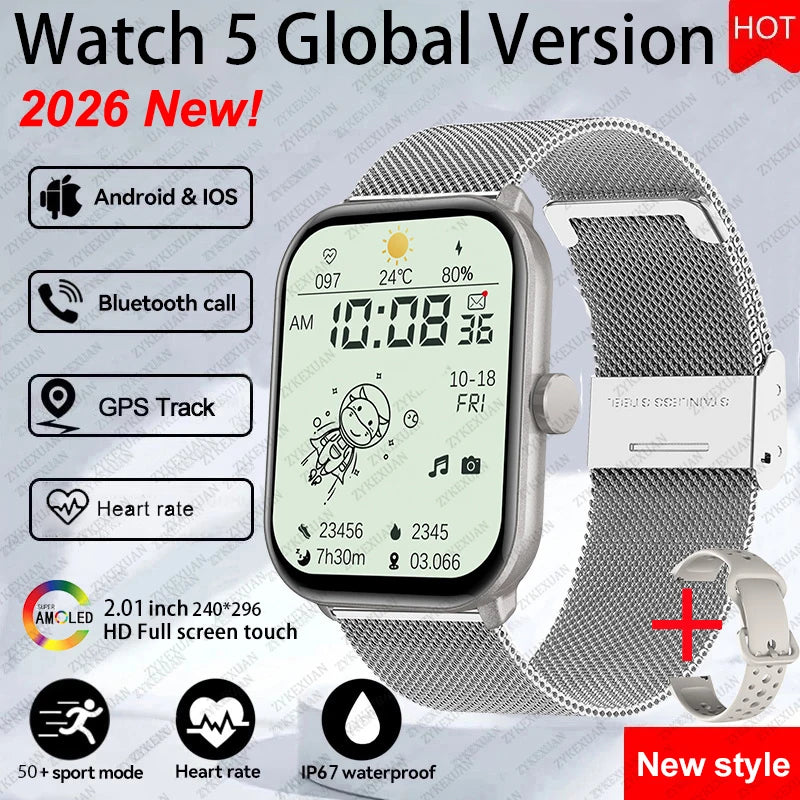New Watch 5 Sports Smart Watch Men Women 2.01" AMOLED Screen Fitness Tracker Heart Rate ECG Waterproof GPS Track Call Smartwatch