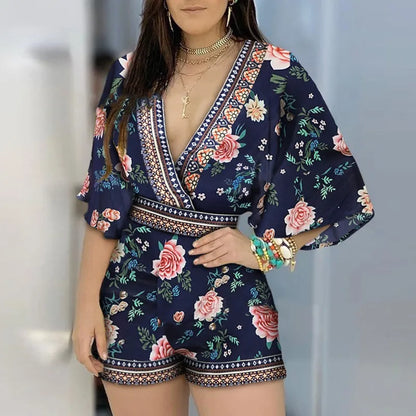 Women's Overalls Sexy V-neck Short Sleeve Romper Playsuit Female Monkey Summer Beach Fashion Casual Shorts Jumpsuit For Woman