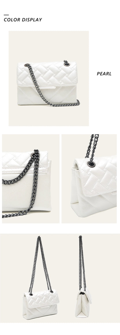 Women Fashion Metallic PU Vegan Leather Handbag Luxury Quilted Flap Messenger Shoulder Bag Long Chain Purse Daily Casual Travel