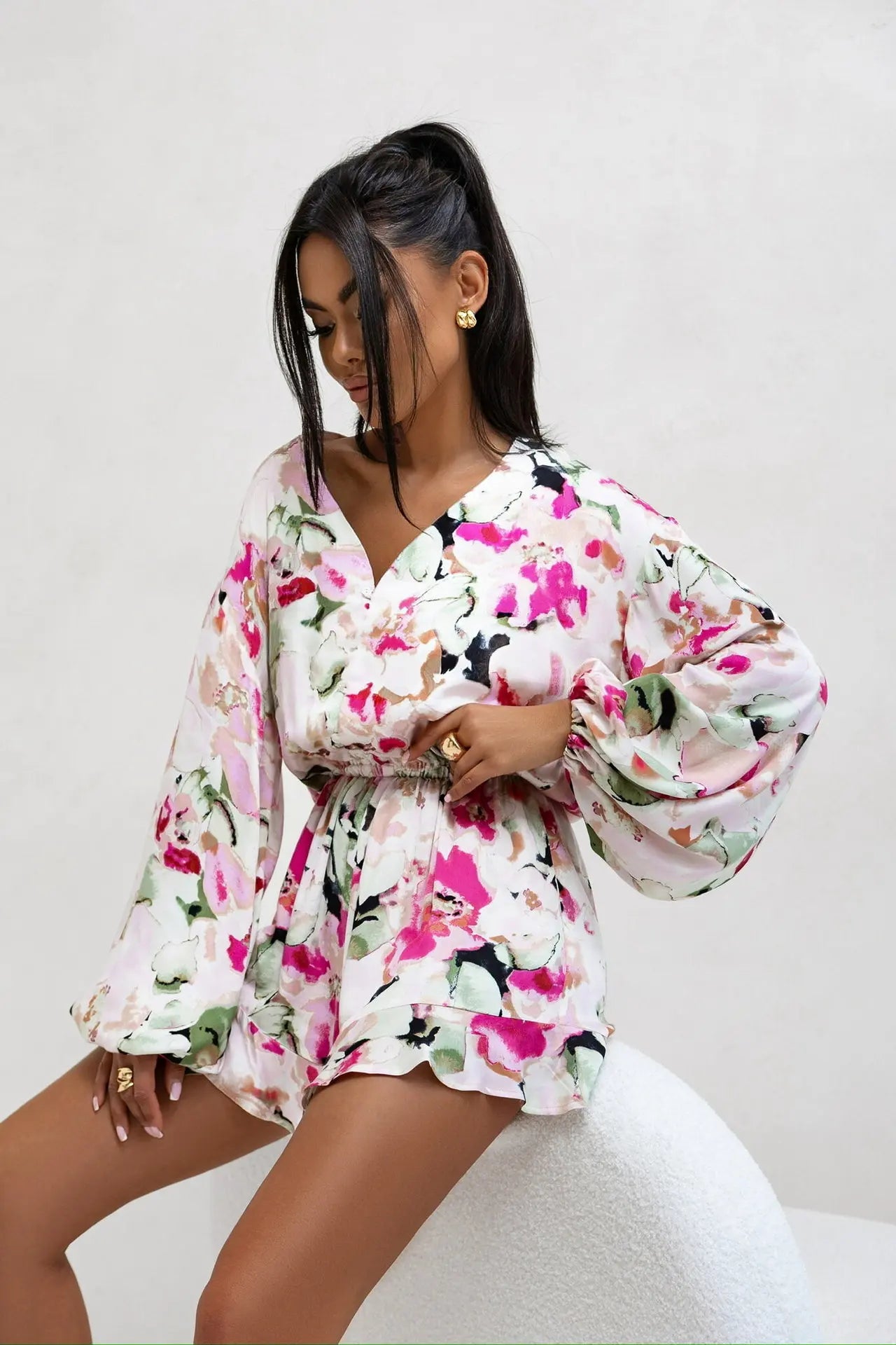 Fashion Print Jumpsuit V-neck Buttons Long Sleeves High Waist Spliced ruffle Slim Shorts Jumpsuits For Women Spring New Style