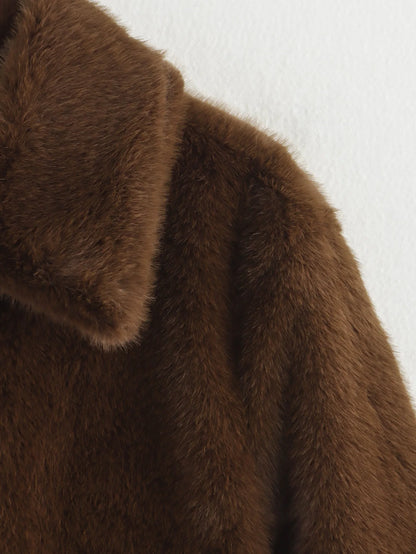 HH Women Casual Brown Short Faux Fur Coat Turn-Down Collar Long Sleeve Jacket 2025 Autumn Winter Loose High Street Outwear