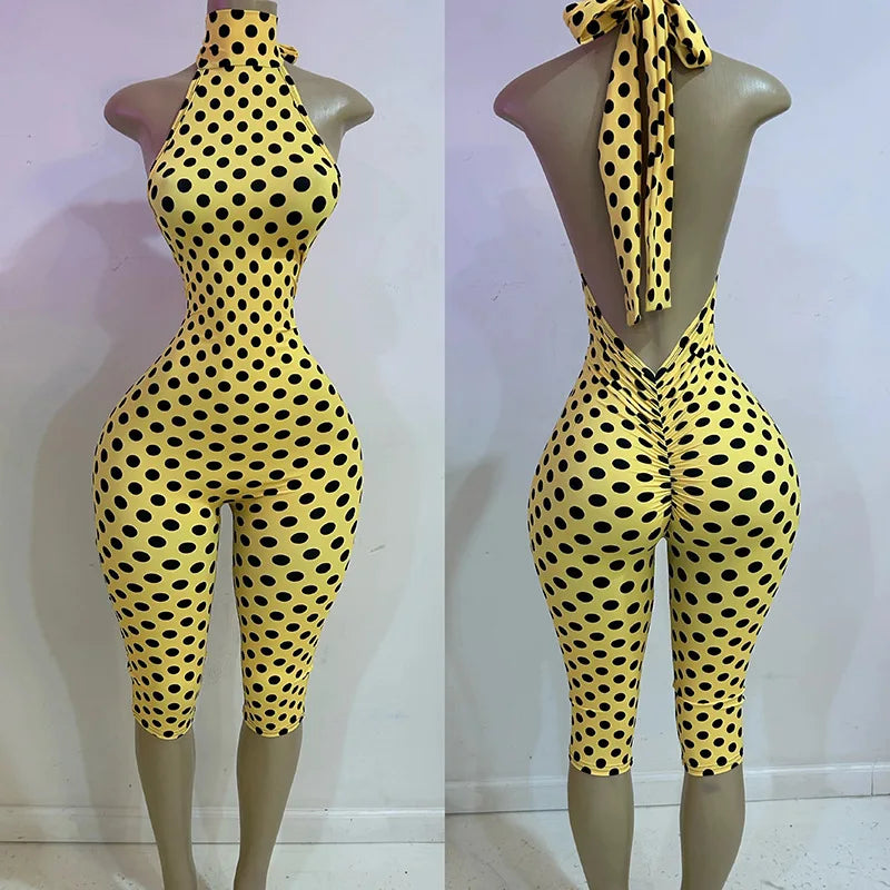 FAGADOER Fashion Color Dot Printing Bodycon Jumpsuits Woman Halter Sleeveless Backless Rompers Female Streetwear Overalls 2026