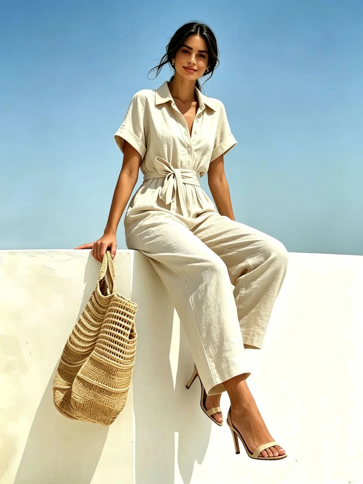 2026 Women's Shirts And Jumpsuits Fashion V-neck Lace Up Wide Legs Summer Casual Resort Female Short Sleeve Rompers Shirts Pants