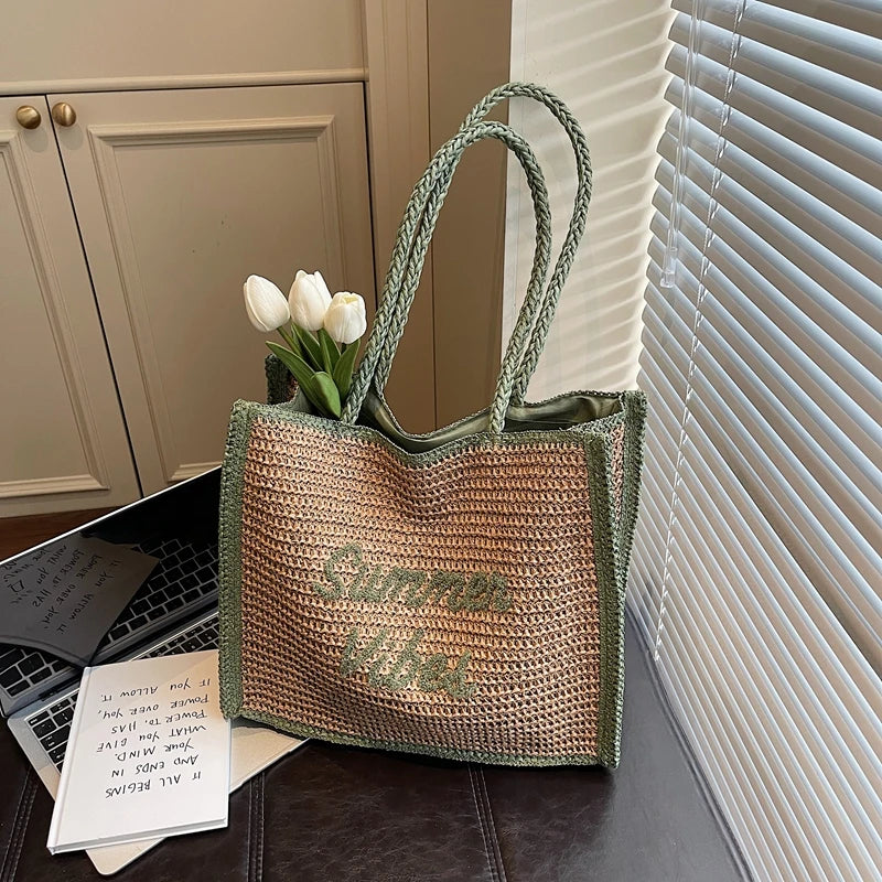 Large Capacity Women Tote Bag 2026 New Fashion Hand-made Straw Bag Female Shoulder Handbag Causal Commuter Bags for Ladies