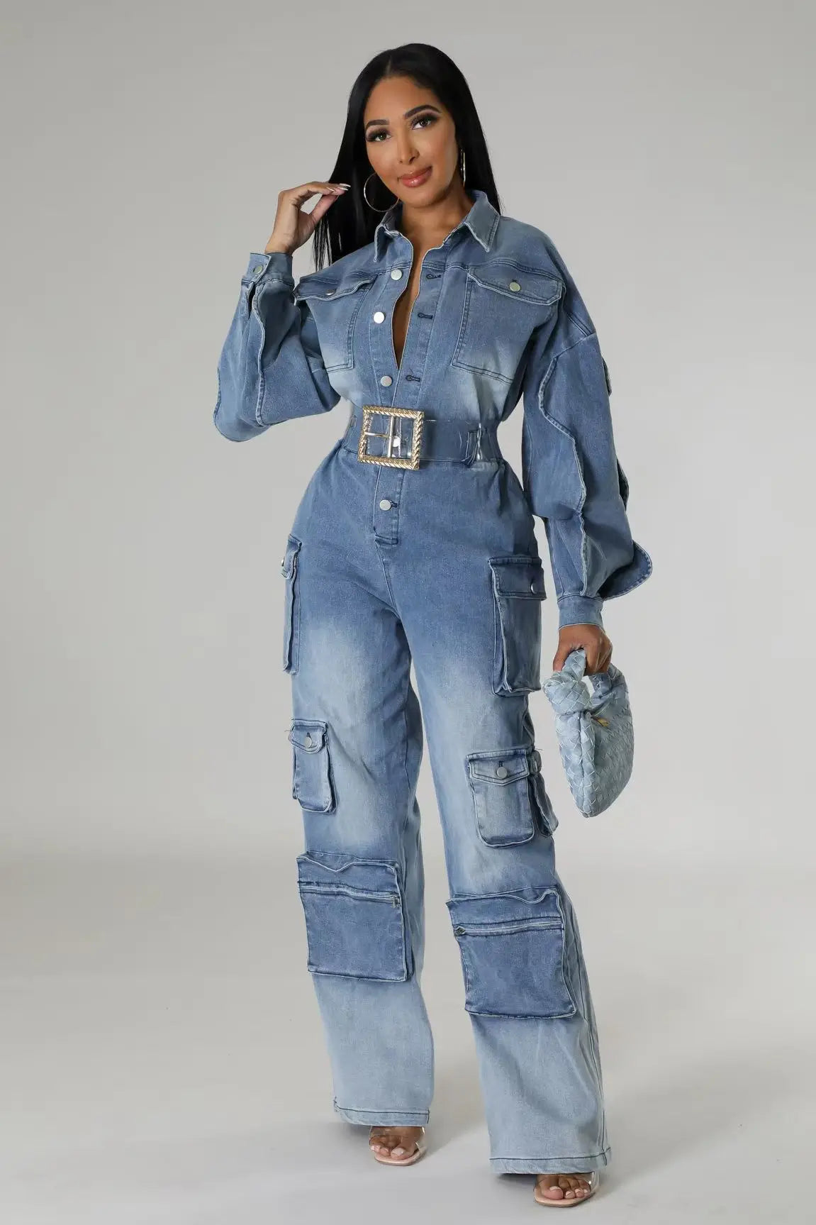 Jumpsuits Women Overalls Denim Spliced Long Sleeve Ruffles Rompers Pockets Streetwear Solid Jumpsuit Straight Pants Jeans Y2k